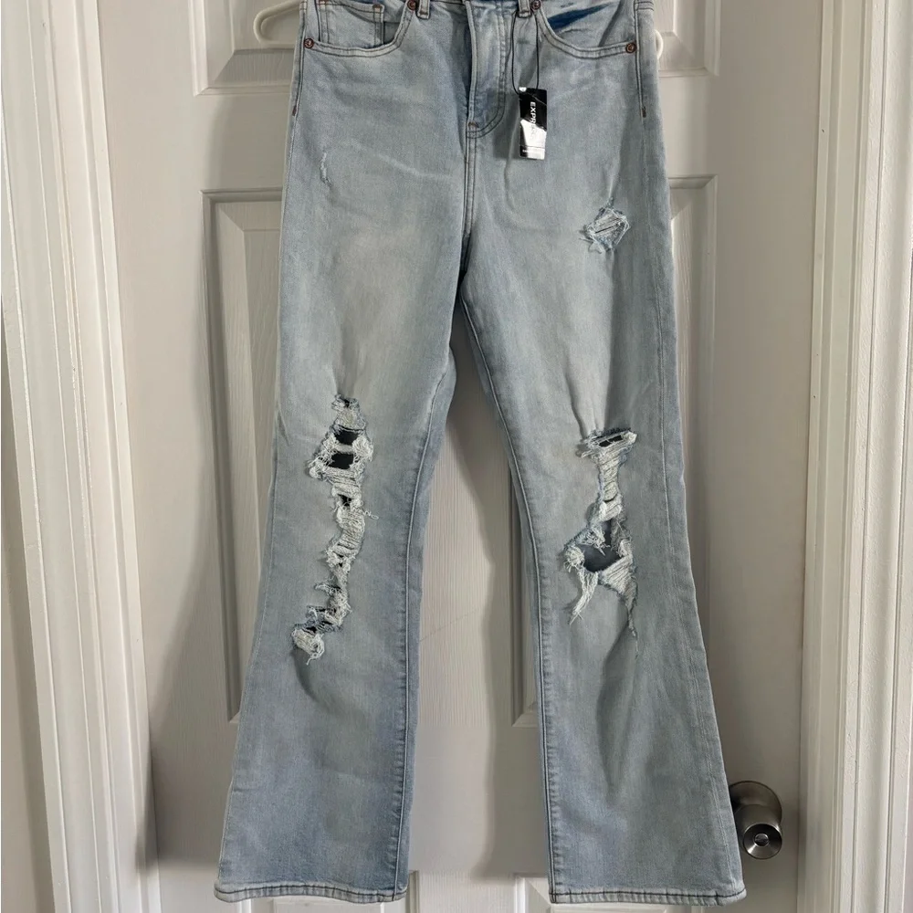 Express Light Blue Distressed Flare Jeans - Picture 1 of 5